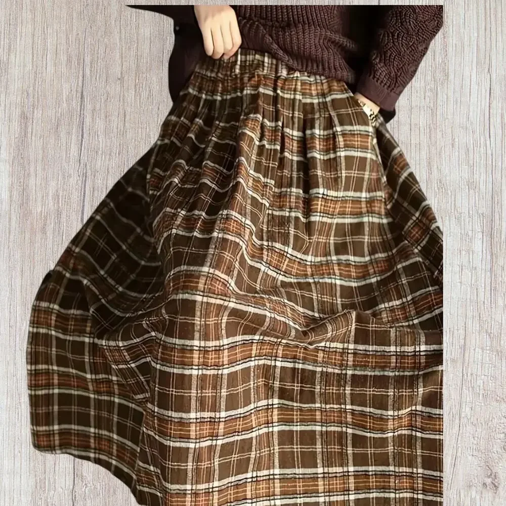 Brown Plaid ALine Midi Skirt Pockets S, M, L, XL Lagenlook Oversize Gathered NWT